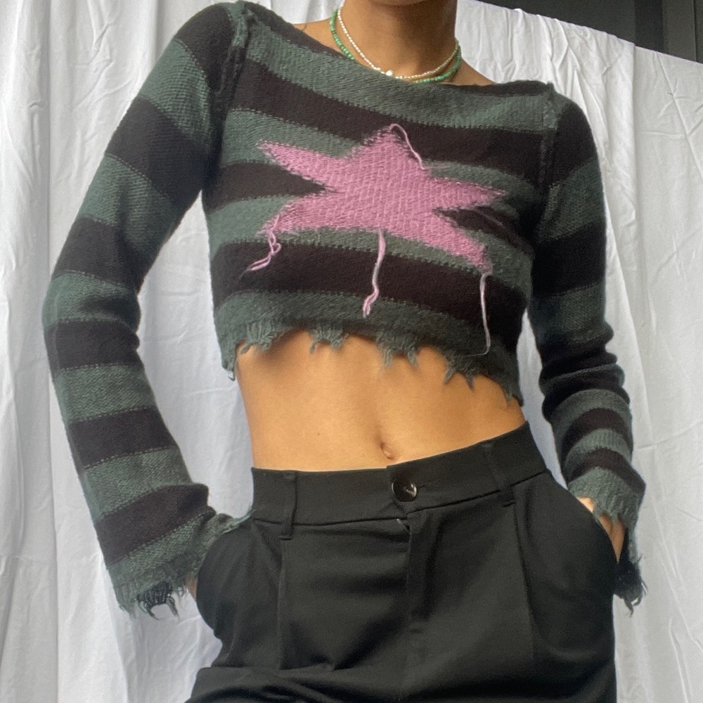 Urban outfitters black/green striped cropped sweater with pink star accents